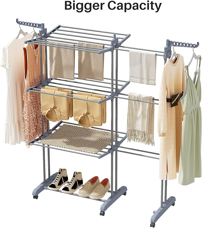 Kitstorack Clothes Drying Rack - Foldable Movable Clothes Rack Drying 30.0" W to 59.0" W Extensible Drying Rack Clothing Oversized 4-Tier Stainless Steel Large Clothes Rack Drying Indoor and Outdoor-Ruum Studio Home