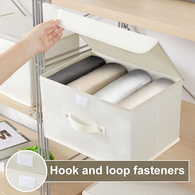Storage Boxes, Collapsible Storage Bins with Lids, Cotton and linen cloth Storage Baskets with Handle, for Books, Closet, Bedroom, Home, 13x9.1x7.9 in, Beige-Ruum Studio Home