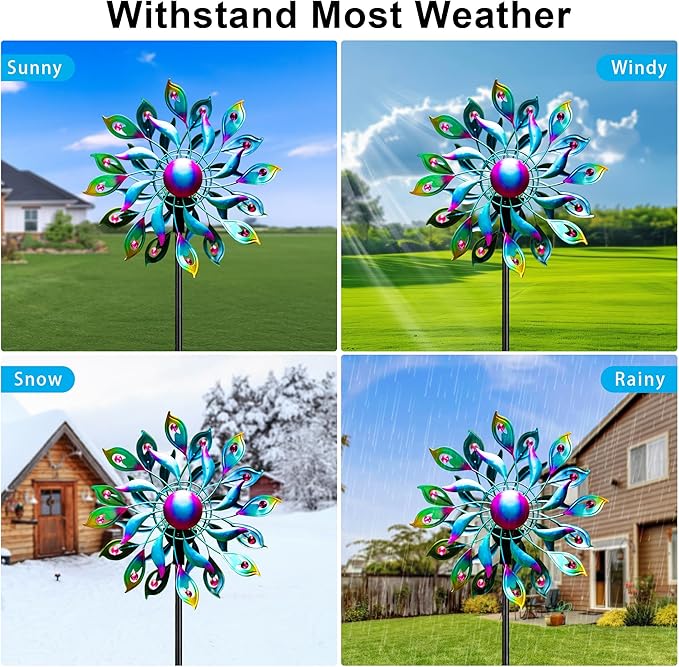 51.9" Peacock Solar Wind Spinner Outdoor Decor – Waterproof LED Lighted Garden Art with Adjustable Metal Pole, IP65 Weather Resistant for Yard, Patio-Ruum Studio Home
