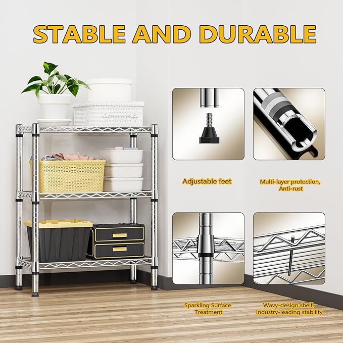 750 lbs 3 Tier Shelf Metal Storage Shelves Wire Rack Closet Organizers for Garage Kitchen Bathroom Laundry Chrome 11.8" D x 25.6" W x 31.5" H-Ruum Studio Home