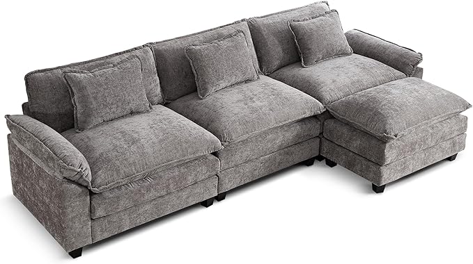 URRED Modular Sectional Sofa Comfy Cloud Couch, Modern Chenille Sofa Sleeper Deep Seat Couches with Ottoman/Pillows for Living Room (Gray, 117''- L Shape)-Ruum Studio Home