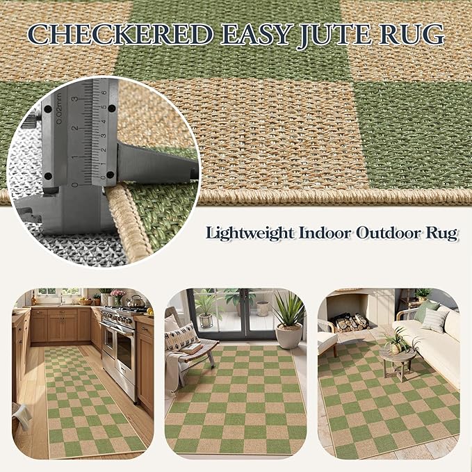 Lahome Checkered 3x5 Washable Rug, Green Easy Jute Rug for Entryway Living Room, Modern Non Slip Non Shedding Indoor Outdoor Carpet for Porch Deck Kitchen-Ruum Studio Home