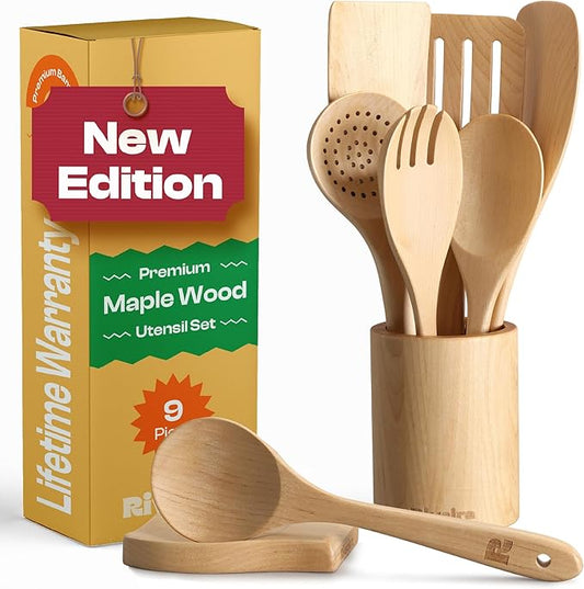 Riveira Maple Wooden Spoons for Cooking Set of 9 – Natural Maple Wooden Cooking Utensils, Wooden Spatula, Wooden Spoon - Premium Quality Wooden Utensil Set for Non-Toxic Cooking-Ruum Studio Home