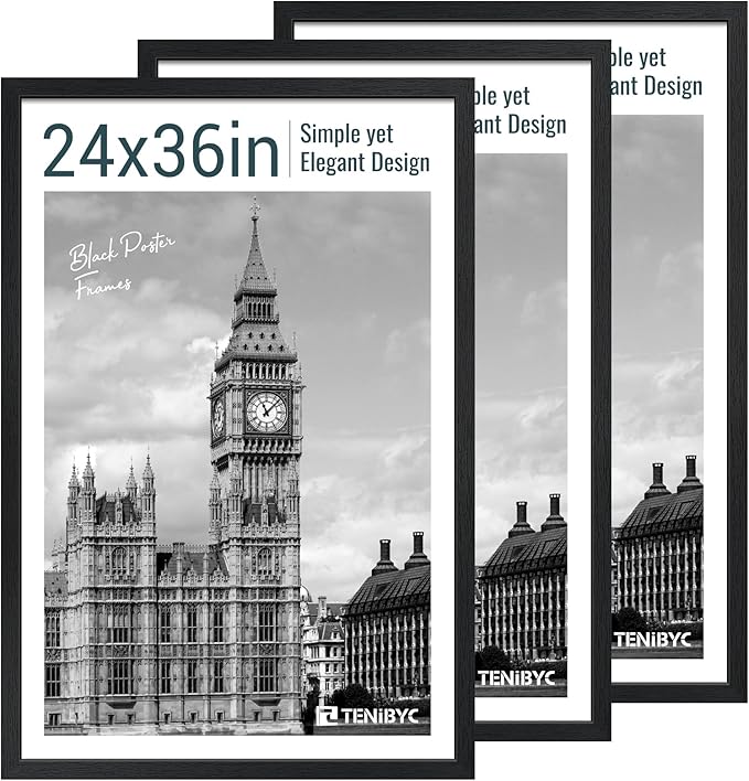24x36 Poster Frame 3 Pack - Black Woodgrain, Solid Wood Picture Frame, Wall Gallery Frame - Wall Hanging-Ruum Studio Home