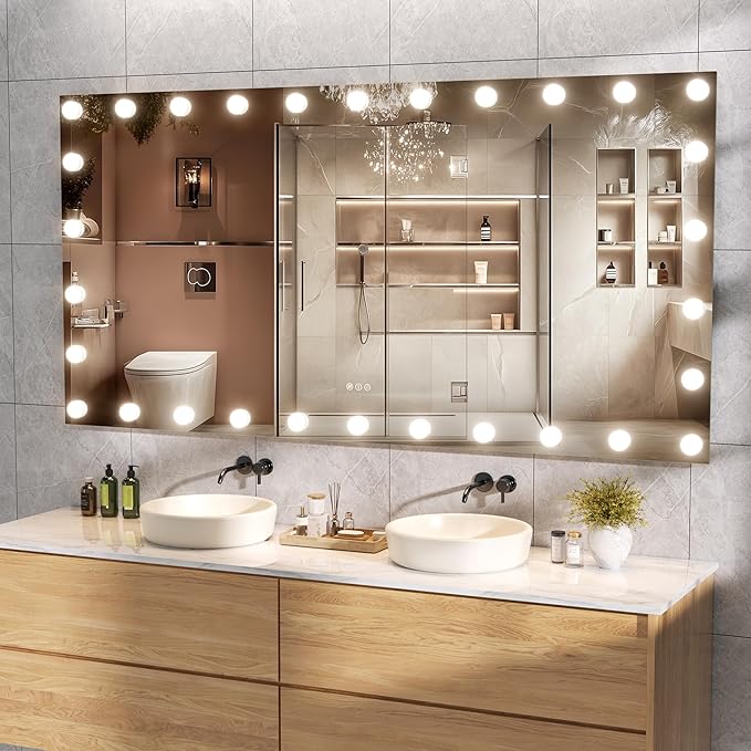Hasipu LED Bathroom Mirror with Lights, 71" x 36" Hollywood Wall-Mounted Bathroom Mirror with 30 Dimmable Bulbs, 3 Colors Modes, Touch Control, Anti-Fog, Memory Function, Shatter-Proof, ETL Listed-Ruum Studio Home