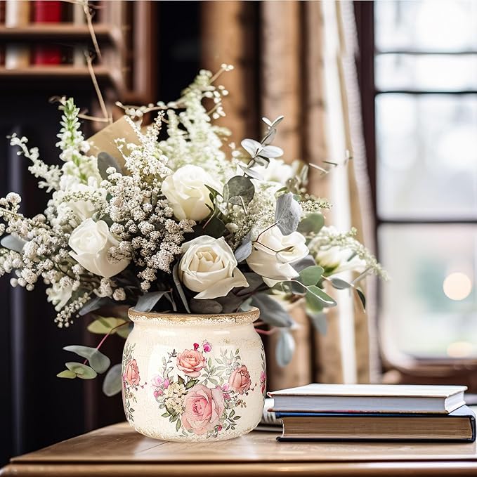 Vintage Planter Large Ceramic Plants Pot Beige Pink European Rose Ice Crack Cottage Scroll Vase Flower Vase Pot Indoor Plants Home Kitchen Decor Farmhouse Antique Decorative Gifts-Ruum Studio Home
