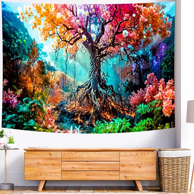 Delur Forest Tapestry Tree of Life Fantasy Tropical Rainforest Tapestry Wall Hanging Colorful Nature Mystical Landscape Psychedelic Spiritual Headboard for Bedroom Living Room Home Decor (70.8" x 92.5")-Ruum Studio Home