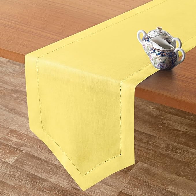 D'Moksha Homes Lemon Yellow Linen Table Runner 108 Inches Long - 100% Pure Linen Diamond Table Runner 14 x 108 Inch for Dining, Fall and Halloween - Machine Washable-Ruum Studio Home