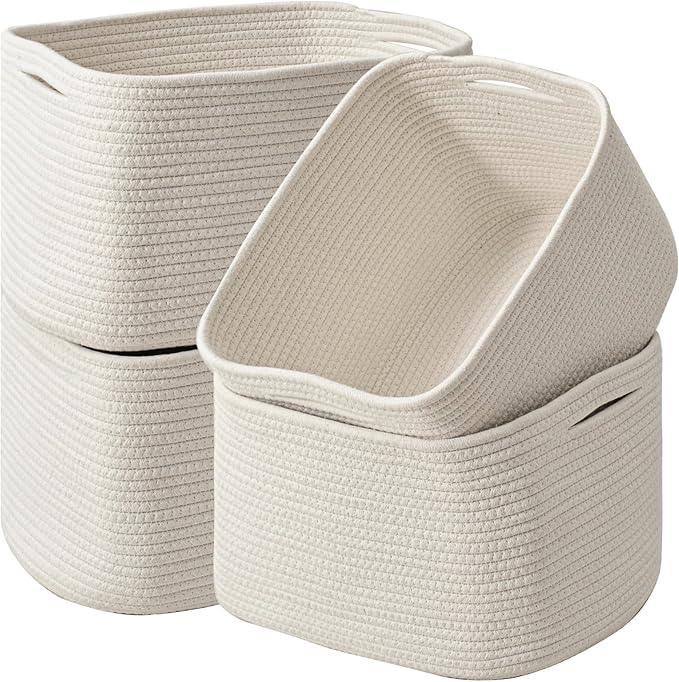 Storage Baskets for Organizing & Shelves, Woven Cotton Rope Organization Bins for Dog Toys, Clothes, Books, Nursery Organizer, 15" Lx11''Wx9.5''H, (4 Packs) Off White-Ruum Studio Home