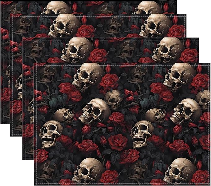 Halloween Skull Rose Placemats, Washable Heat Resistant 12×18 Inch Table Mats Floral Place Mats for Party Outdoor Decoration Kitchen Dining Décor-Ruum Studio Home