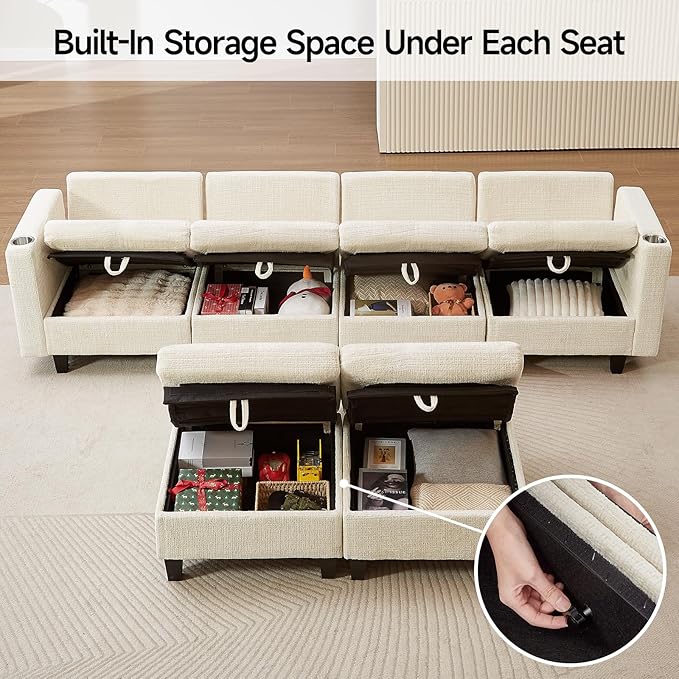110" Modular Sectional Sofa, Convertible Sleeper Sofa Couch Bed with Adjustable Backrest, U-Shaped Chenille Cloud Couch with Ottoman Storage, Deep Seat Couches for Living Room,Beige-Ruum Studio Home