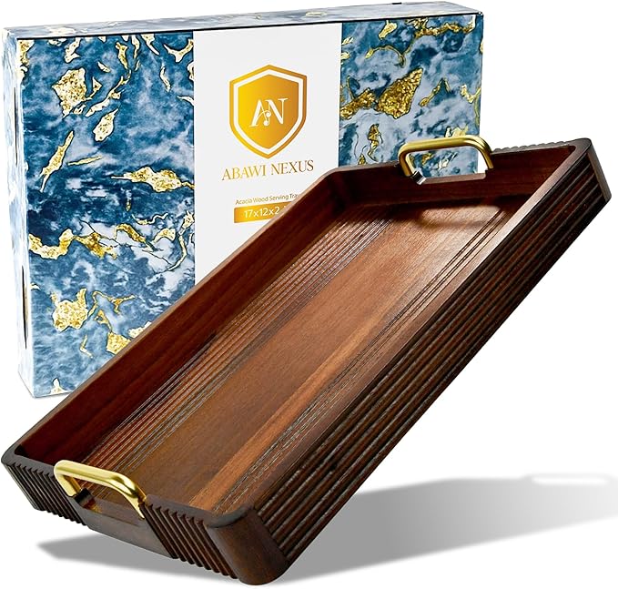 Acacia Wood Serving Tray with Metal Handles – 17x12in Rustic Decorative Ottoman & Coffee Table Tray for Breakfast in Bed, Dinner, Bar, Kitchen, Home Décor & Entertaining-Ruum Studio Home