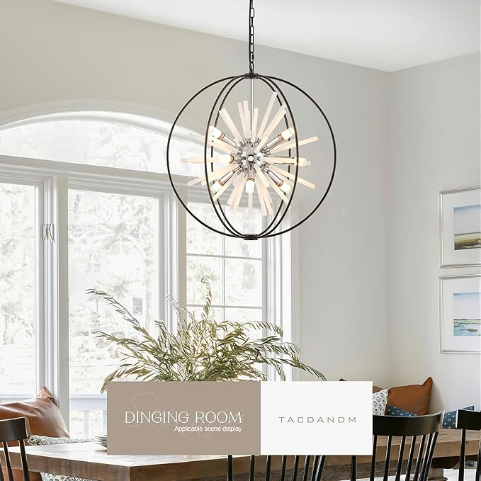 23.6" Black Chrome 12-Light Globe Sputnik Chandelier Modern Adjustable Hanging Ceiling Glass Tube Pendant Light Fixture for Entryway Foyer Staircase Dining Living Room Hallway-Ruum Studio Home