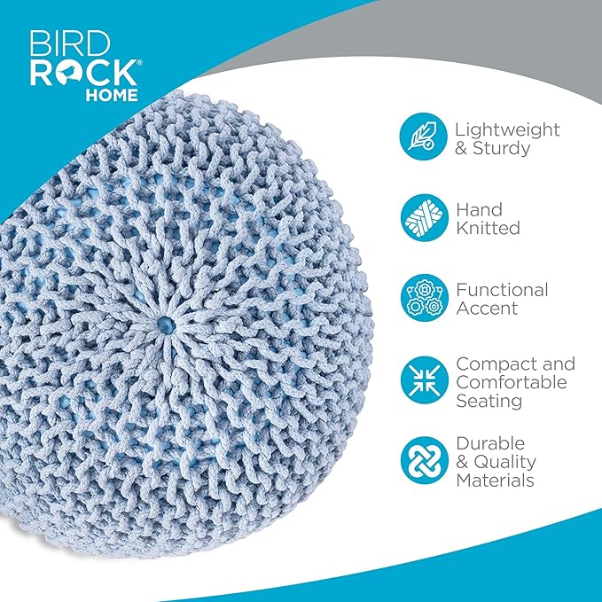 BIRDROCK HOME Round Pouf Ottoman | Cotton Braided Foot Stool with Bean Bag Filling | Boho Foot Rest for Living Room & Bedroom | Compact & Comfortable Seating, Lightweight & Soft | Soft Blue-Ruum Studio Home