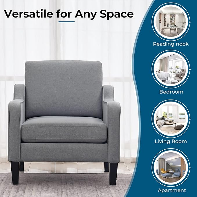 VINGLI Mid Century Modern Accent Chair, Light Grey Fabric Accent Chairs for Living Room Upholstered Armchair with Scooped Arms for Bedroom, Apartment, Studio, Office, Waiting Room-Ruum Studio Home