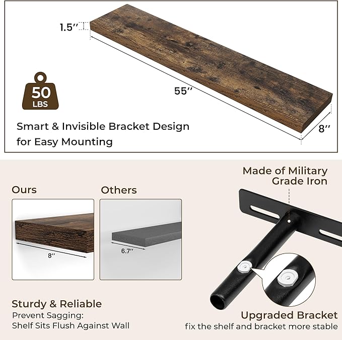 RICHFOCUS 55Inch Floating Shelves for Wall 1 Pack Shelves for Bedroom|Kitchen|Bathroom Wall Mounted Rustic Wood Floating Shelf with Invisible Brackets for Books|Storage|Decor, Rustic Brown-Ruum Studio Home
