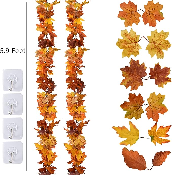 DearHouse 2 Pack Fall Maple Leaf Garland - 5.9Ft/Piece Hanging Vine Artificial Autumn Foliage for Thanksgiving, Home, Wedding, Fireplace, Party, Christmas Decor (Light Orange)-Ruum Studio Home