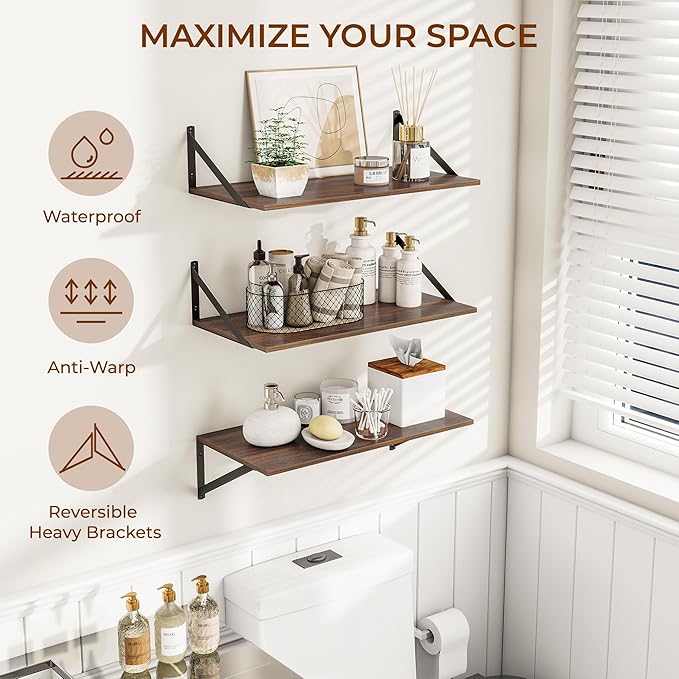 Heimlove 24" W x 12" D Wall Shelves for Books, 12 Inch Deep Floating Shelves Set of 3, Wide Floating Bookshelf with Metal Bracket for Living Room, Kitchen, Office, Bedroom and Decor Storage - Walnut-Ruum Studio Home
