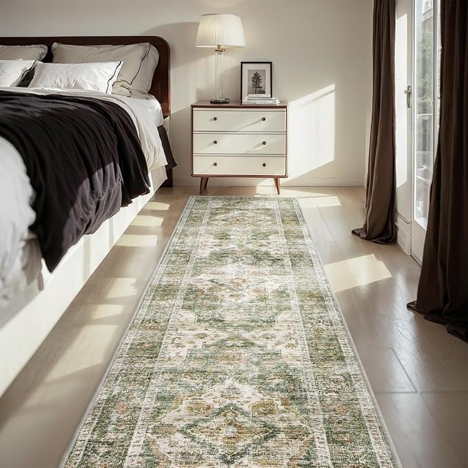 AMOAMI-2X6 Runner Rug-Washable Runners for Hallways-Soft Non Slip Bedside Rugs for Bedroom-Vintage Long Rug for Hallways Entryway Laundry Room Stair Kitchen Bathroom Olive Green-Ruum Studio Home