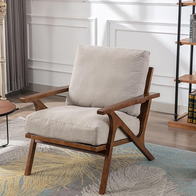 Wahson Mid Century Armchair, Accent Armchair, with Wood Frame and Canvas Cushions, Leisure Slipper Chair for Living Room/Bedroom, Beige-Ruum Studio Home