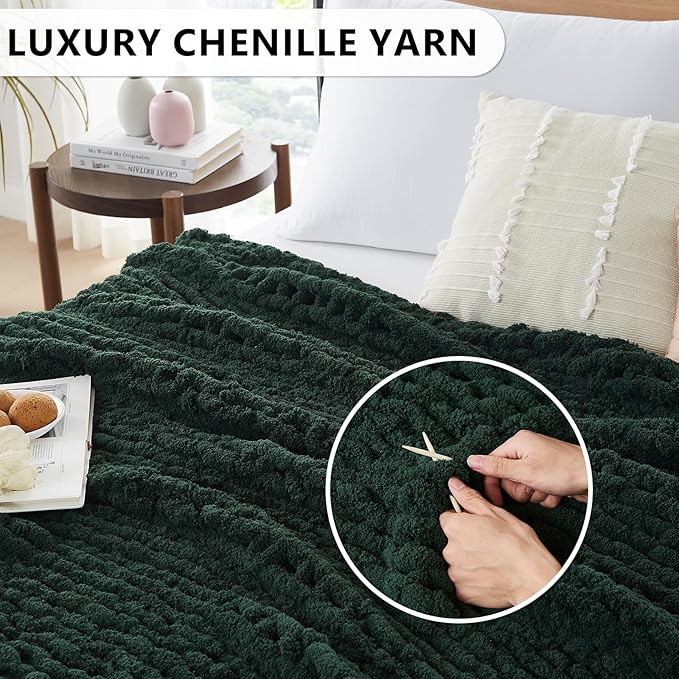 L'AGRATY Chunky Knit Blanket Throw: 72''x84'' Chenille Chunky Knitted Throw Blanket for Bed Couch - Handmade Thick Big Cable Knit Blanket - Large Chunky Crochet Rope Blanket for Home Decor(Green)-Ruum Studio Home