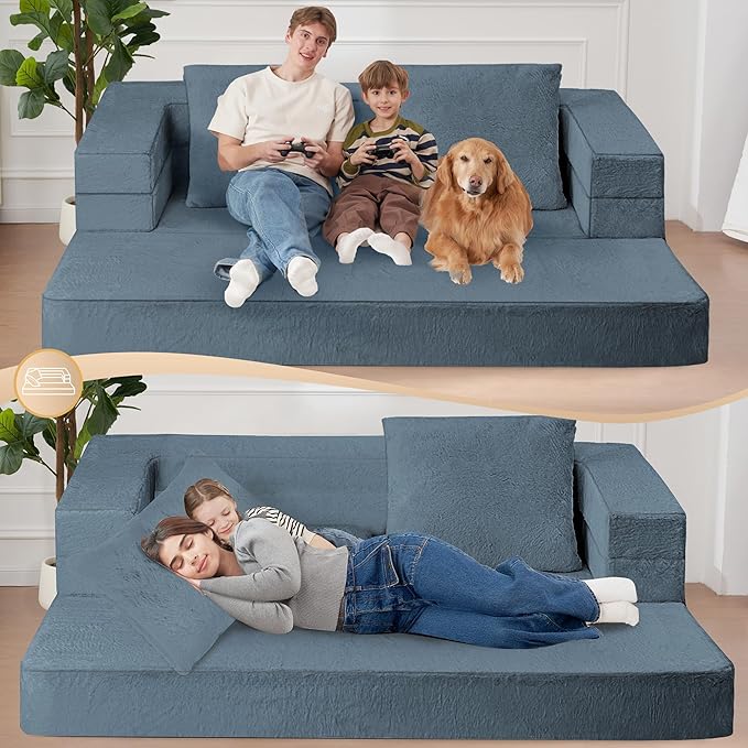 Folding Bean Bag Chair for Adults,3-in-1 Bean Bag Couch Faux Fur Floor Sofa Large Beanbag Convertible Bean Bag Sofa Bed with Pillow in Bedroom,Living Room,Apartment(Queen,Gray)-Ruum Studio Home