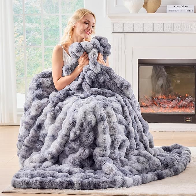 BENVWE Fluffy Faux Fur Throw Blanket for Couch - Soft, Plush, Thick, Cozy, Fuzzy Luxury Minky Bubble Blanket for Home Living Room Decor, Gifts for Women, Tie-dye Light Grey, 63" x 80", 1100GSM-Ruum Studio Home