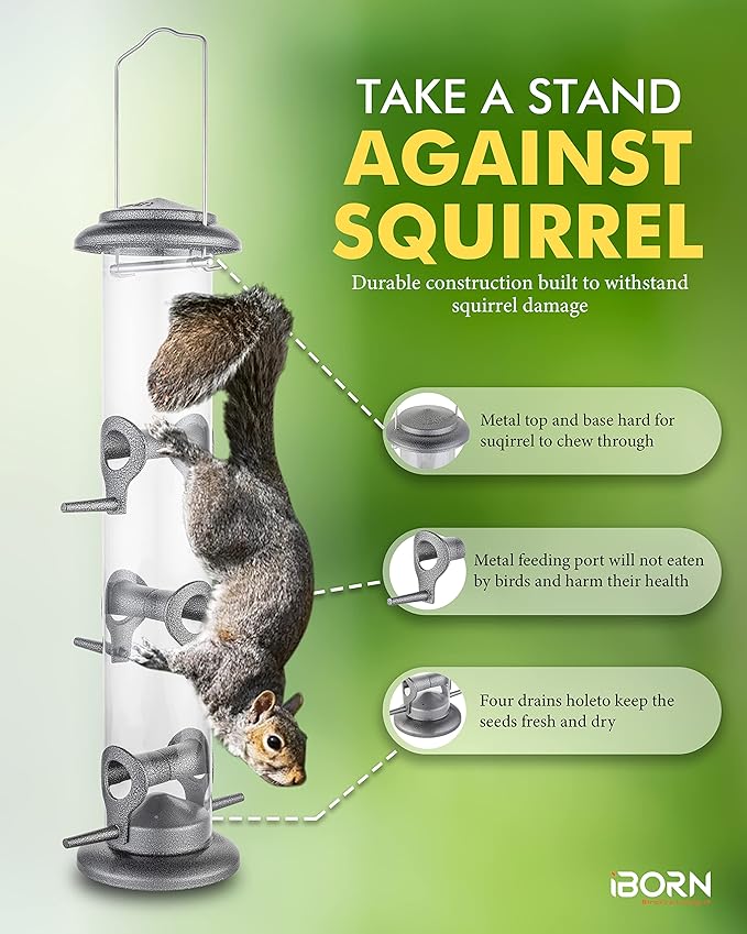 iBorn Metal Bird Feeder Hanging Wild Bird Seed Feeder for Mix Seed Blends Heavy Duty All Metal Silver Finish,14 Inch 6 Port(Seed is not Included)-Ruum Studio Home