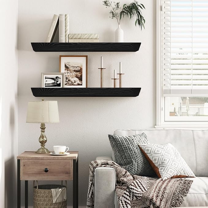 24"x6.8"x1.6" Slanted Floating Wall Shelves 2-Pack - Rustic Black Finish, Heavy-Duty Solid Wood Design with Hidden Brackets - Perfect for Living Room, Kitchen, Bathroom, or Office-Ruum Studio Home