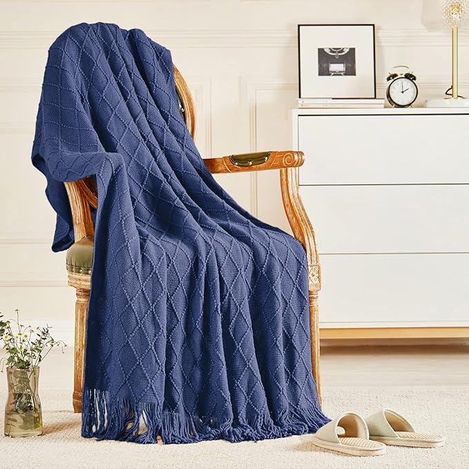 inhand Navy Blue Throw Blanket for Couch and Bed, Soft Living Room Home Decor Knitted Twin Size Blanket, Outdoor Lightweight Breathable Summer Blanket, Farmhouse Warm Woven Decorative, 60"x80"-Ruum Studio Home