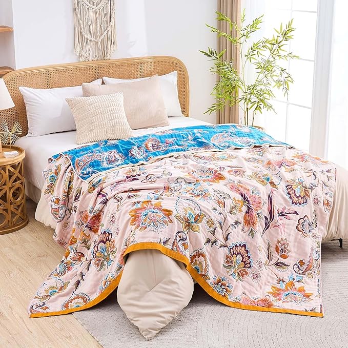 Boho Throw Blanket for Bed, 100% Cotton Soft Rustic Quilt Fall Blanket, 60"x80" Floral Printed Farmhouse Decor Bed Blankets, All Season Rustic Reversible Bohemian Throw Quilt-Ruum Studio Home