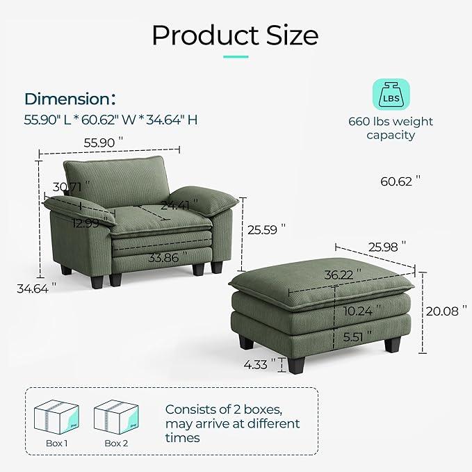 LINSY HOME Sofa Chair with Movable Ottoman - Corduroy Cloud Couch Chair Soft Comfy Modern Sofa Chaise Single Sleeper Chair Bed for Living Room Apartment Office, Green-Ruum Studio Home