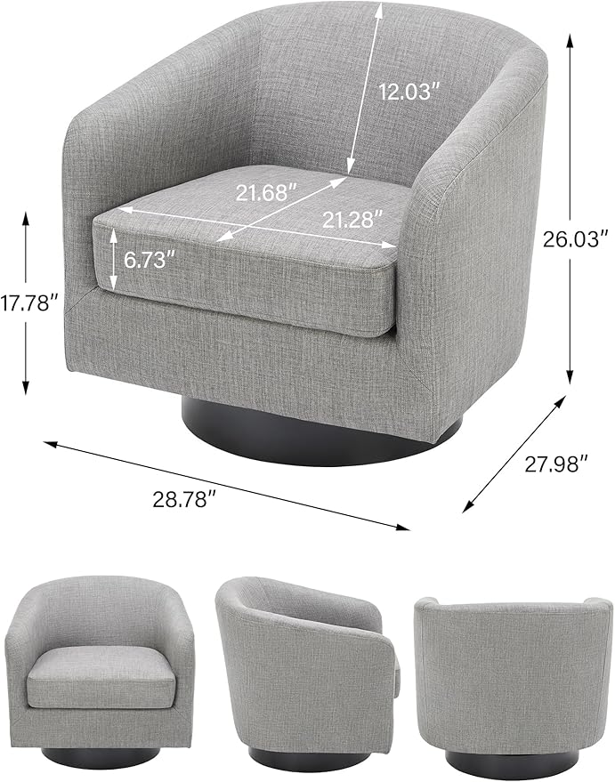 Swivel Barrel Accent Chair, Modern Round Linen Arm Chair for Living Room, Bedroom, Comfy Club Reading Chairs for Adults（Linen Fabric, Light Grey, Set of 1-Ruum Studio Home