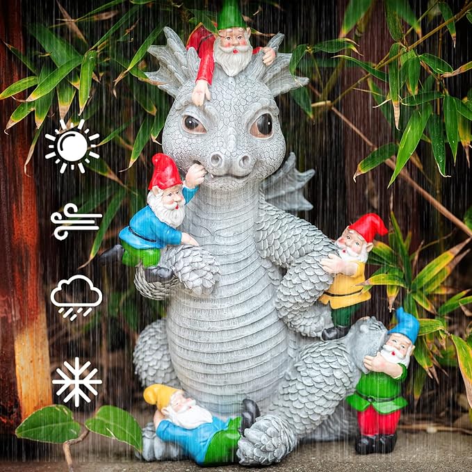 Dragon Gnome Statues Outdoor Decor, 13” Dinosaur Play with Gnomes Garden Statue, Outdoor Statue for All Season Lawn Decor, Garden Decoration, Gardening Gift-Ruum Studio Home