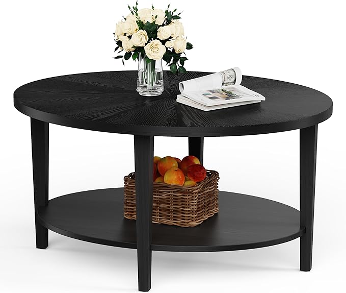 Solid Wood Oval Coffee Table for Living Room, 2 Tier Oval Rustic Coffee Table with Storage Shelf, Double Layer Center Table for Living Room, Easy Assembly-Ruum Studio Home