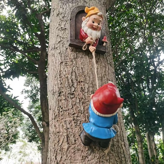 Climbing Gnomes Tree Faces Decor Outdoor for Yard, Adorable Gnome Elf Out Hugger Fairy Door Statue for Tree, Funny Garden Gnome Peeker Sculpture Yard Patio Art-Ruum Studio Home