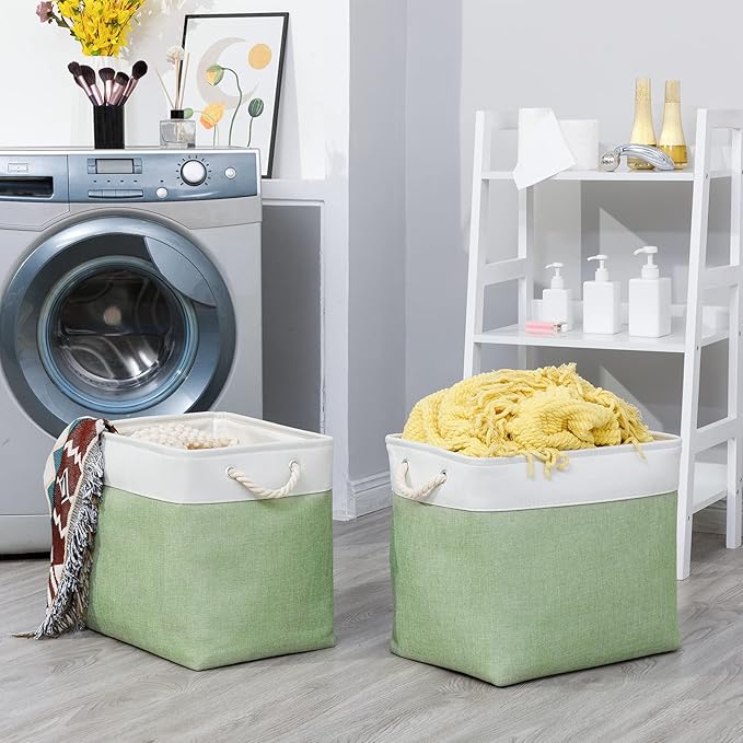 Bidtakay Large Storage Baskets for Nursery Toy Organizer Collapsible Organizing Baskets 17x12x15 In Green Canvas Bins for Organizing Set of 2 Clothes Decorative Baskets for Home Office Room Decor-Ruum Studio Home
