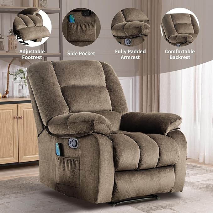 Massage Recliner Chair with Heat and Massage, Soft Fabric Ergonomic Manual Reclining Chairs, Heavy Duty Reclining Sofa Chair with Side Pockets for Living Room (Taupe)-Ruum Studio Home