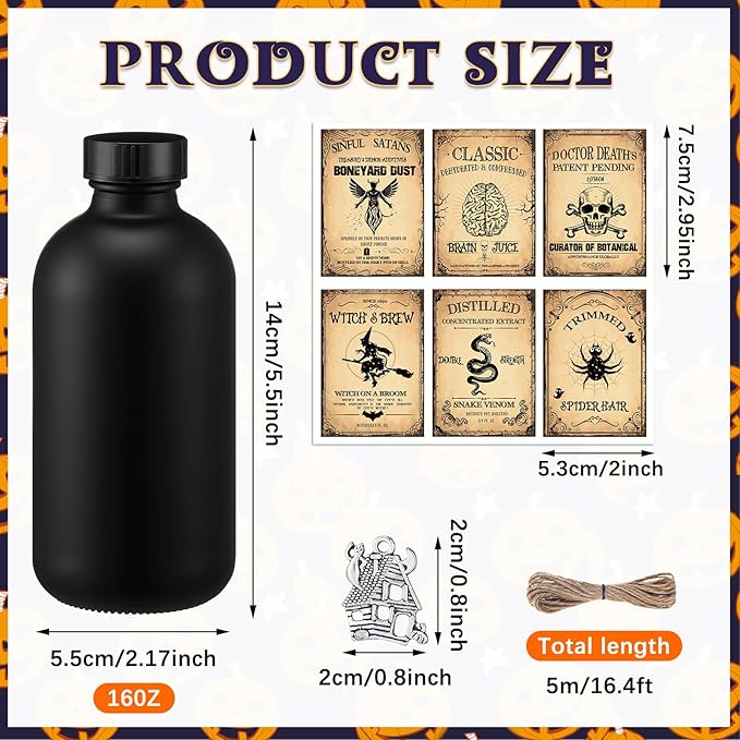 Uiifan 31 Pcs Halloween Potion Bottles Set Including Glass Apothecary Bottles with Cork Stickers and Pendants Halloween Decorations Indoor Party Supplies (Black,8.5 oz)-Ruum Studio Home