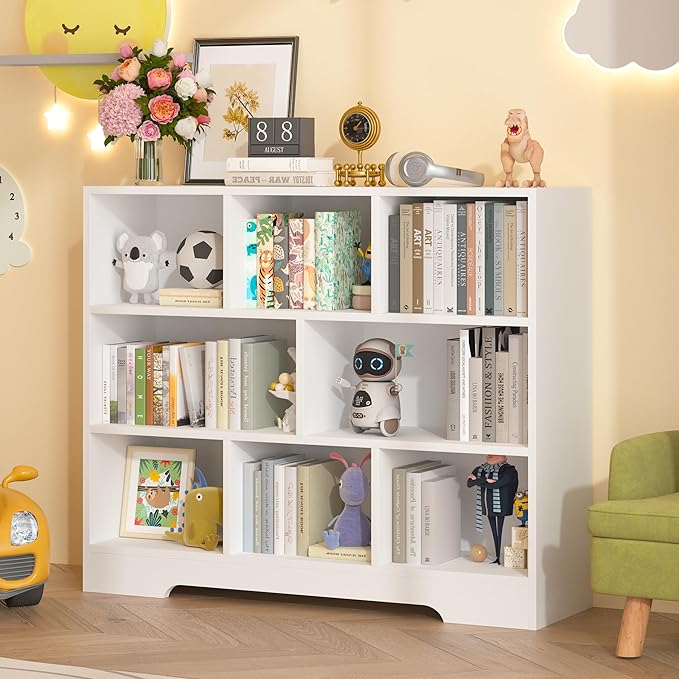 Book Shelf, 8 Cubes Storage Organizer, 3-Tier Open Shelf Wooden Bookcase, Freestanding White Bookshelf Cube Shelf for Bedroom, Living Room, Home Office-Ruum Studio Home