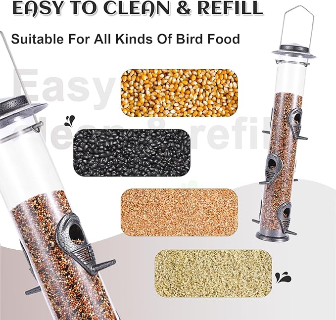 MIXXIDEA 1PK Metal Bird Feeders with 6 Feeding Ports,Tube Bird Feeder with Steel Hanger,Hard Plastic Wild Bird Feeder for Outdoors Hanging, Attracting Birds in Your Lawn, Garden, Balcony-Grey-Ruum Studio Home