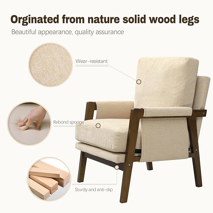 Modern Accent Chairs Set of 2 for Living Room Mid Century Arm Chairs Upholstered Bedroom Chairs Comfy Lounge Chairs with Solid Wood Frame, Beige-Ruum Studio Home