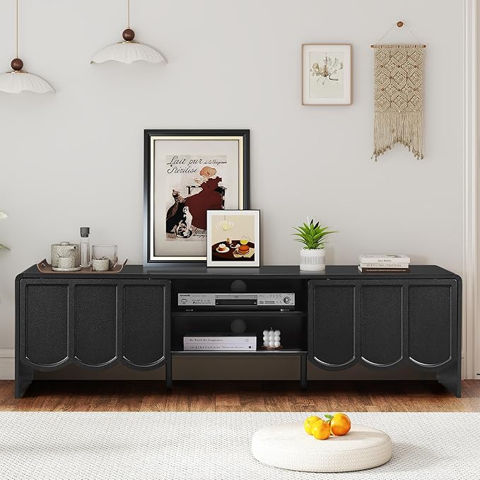 ORRD 63'' TV Stand, Modern TV Console Table Wave Panel Television Stands Entertainment Media Center with Storage Compartment and Sliding Door for Living Room (Black)-Ruum Studio Home