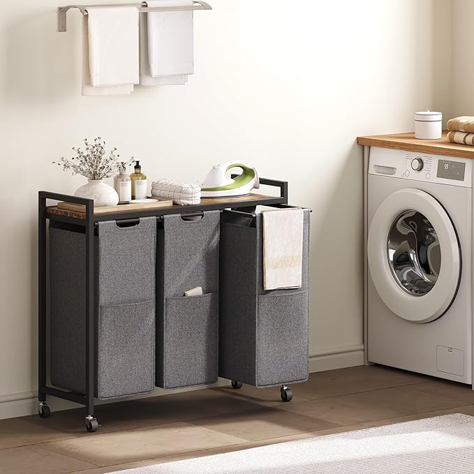 HOOBRO Laundry Sorter 3 Section, Laundry Hamper with Wheels, 3 × 11.5 Gal (43.4L), Rolling Laundry Basket, Pull-Out and Removable Oxford Fabric Laundry Bags, Rustic Brown and Grey BFG76XY01-Ruum Studio Home