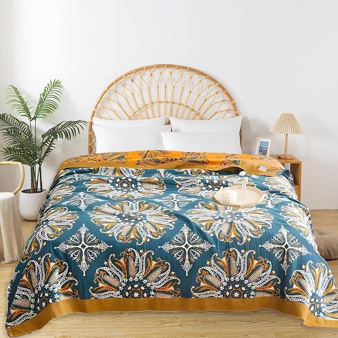 Boho Throw Blanket for Bed - 100% Pure Cotton Ultra Soft Rustic Quilt - Farmhouse Decor Bed Blankets, All Season Rustic Throw for Sofa Couch Chair(80''x 90'', Boho Floral)-Ruum Studio Home