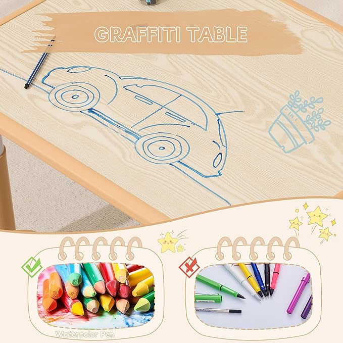 Height-Adjustable Kids Table and Chairs, 31.5''L x 23.6''W Toddler Table and 4 Chairs Set with Anti-Slip Foot Covers, Children Activity Table for Ages 2-10, Graffiti Desktop-Ruum Studio Home