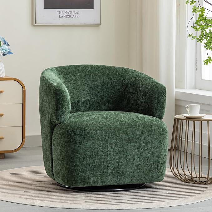 Swivel Accent Chair, Chenille Barrel Chair for Living Room, Cozy Round Boucle Arm Chair, Metal Base for Club Nursery Bedroom, Green-Ruum Studio Home