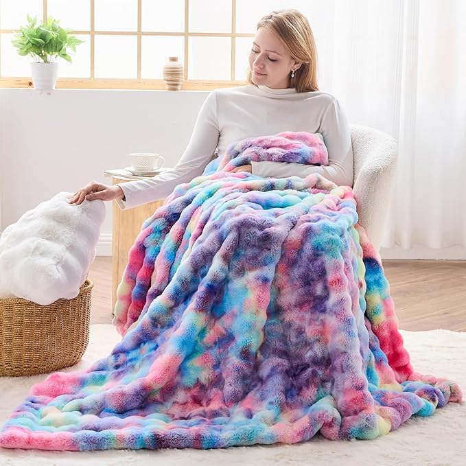 NEWCOSPLAY Faux Fur Throw Blanket Dark Rainbow Luxury Fluffy Thick Warm Bubble Blanket for Couch Sofa Bed 700GSM (Dark Rainbow, Throw(50"x60"))-Ruum Studio Home