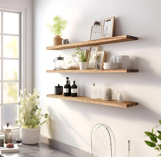 Wood Floating Shelves for Wall Decor, Rustic Wall Shelves for Bedroom Bathroom Kitchen Living Room, Set of 4 Light Walnut 48 Inch-Ruum Studio Home