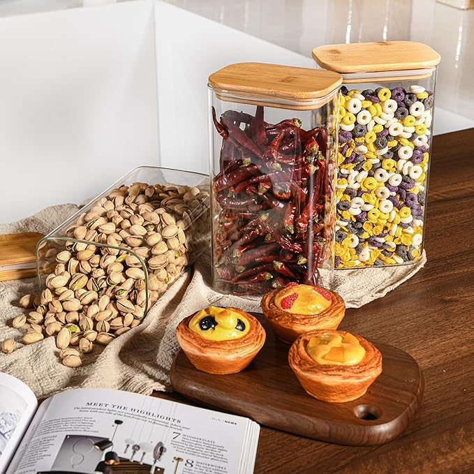 56oz Rectangle Airtight Glass Storage Containers with Bamboo Lids (Set of 4), Square Food Storage Jar, Pantry Organizers for Oats, Cereal, Pasta and Coffee beans (‎with Black Lable)-Ruum Studio Home